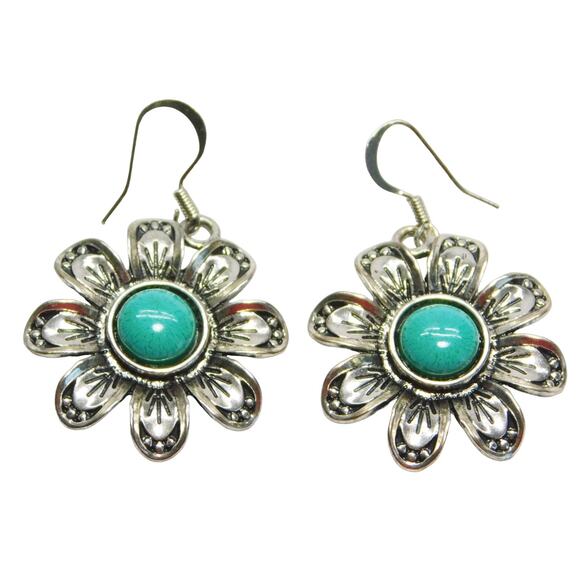 Fashion Silver Green Black Flower with Stone Dangle Earrings - Picture 1 of 3